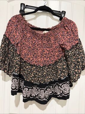 Aeropostale Pink and Black Mixed Floral Tiered Blouse